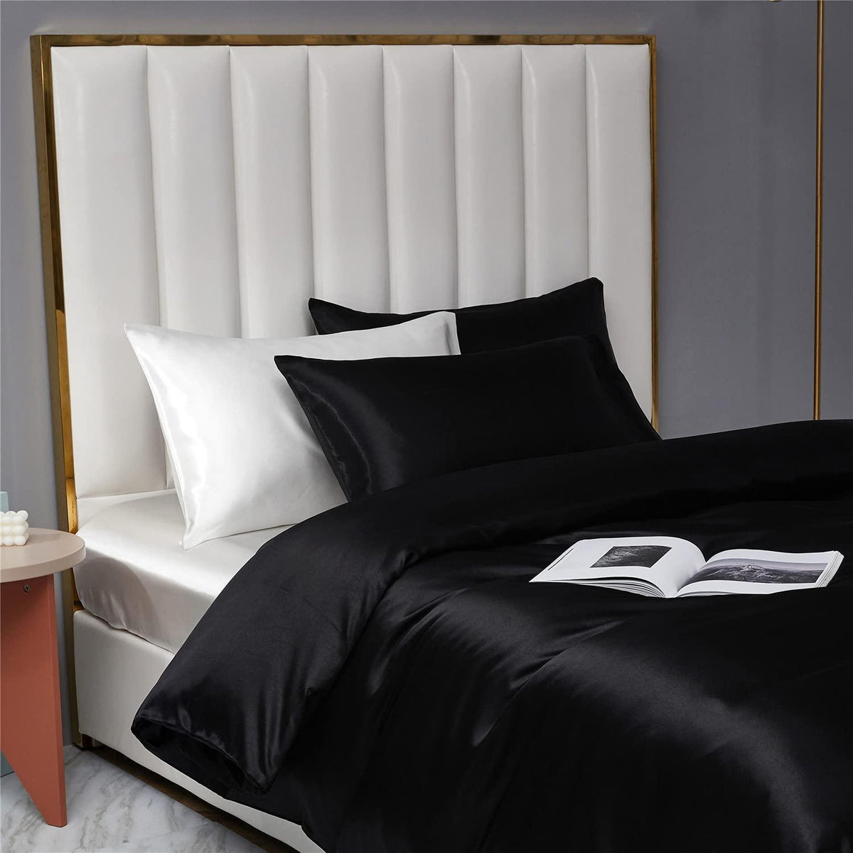 Satin Bettwäsche Set 135x200 cm Schwarz 4-teilig Luxus