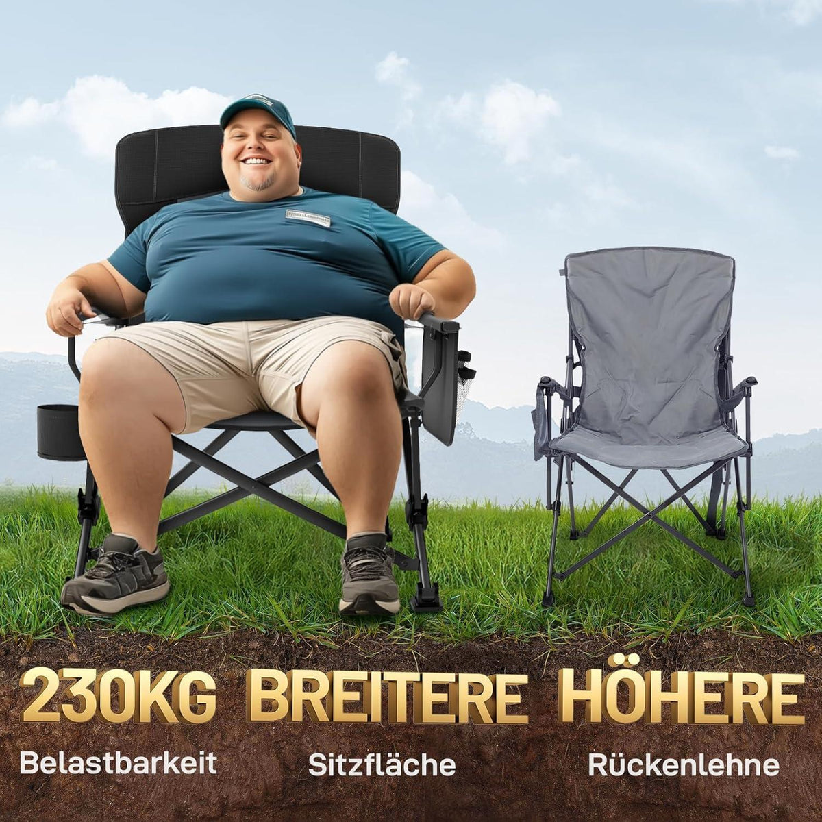 XL Campingstuhl faltbar 230kg belastbar mit Getränkehalter