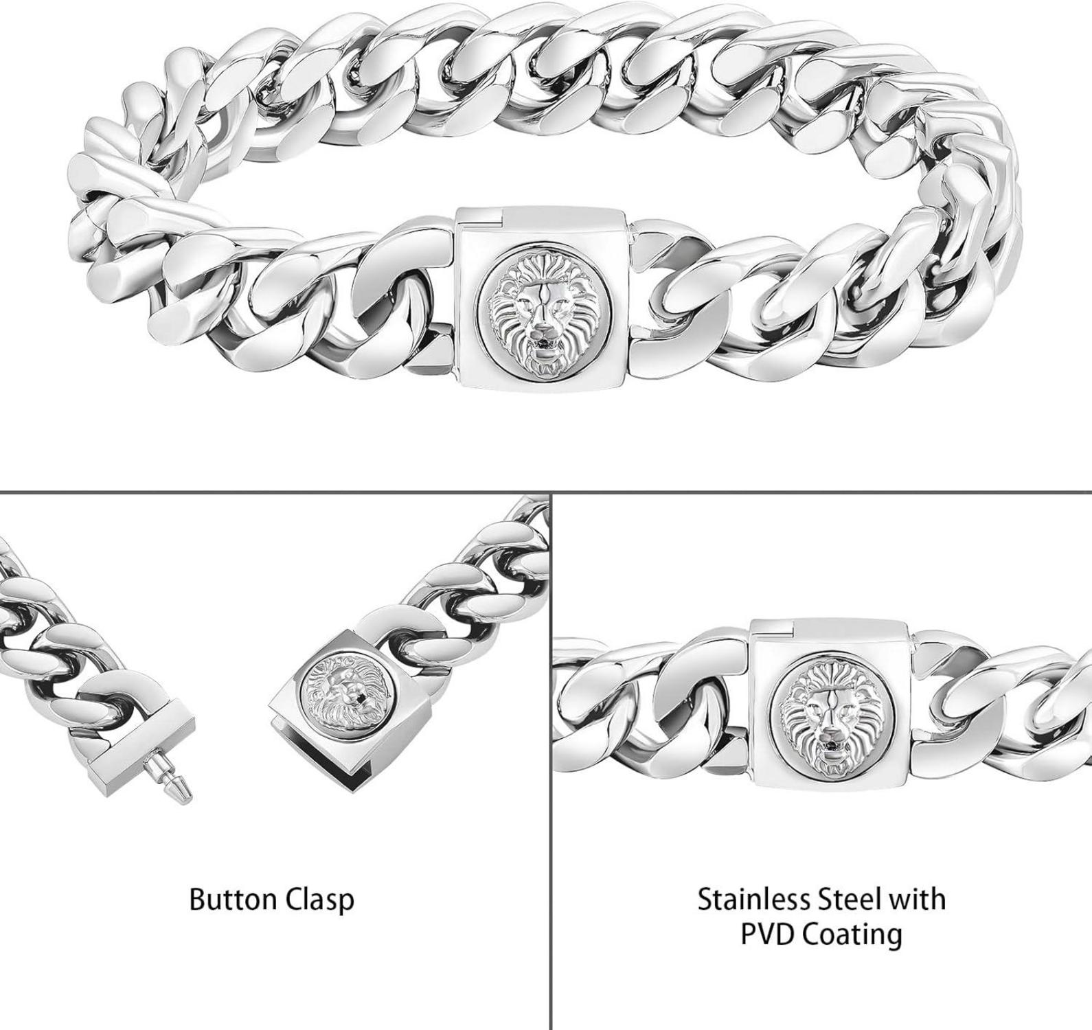 Herren Armband mit Löwe Kopf Verschluss 18K Gold beschichtet Cuban Link 12mm 21,6cm Edelstahl