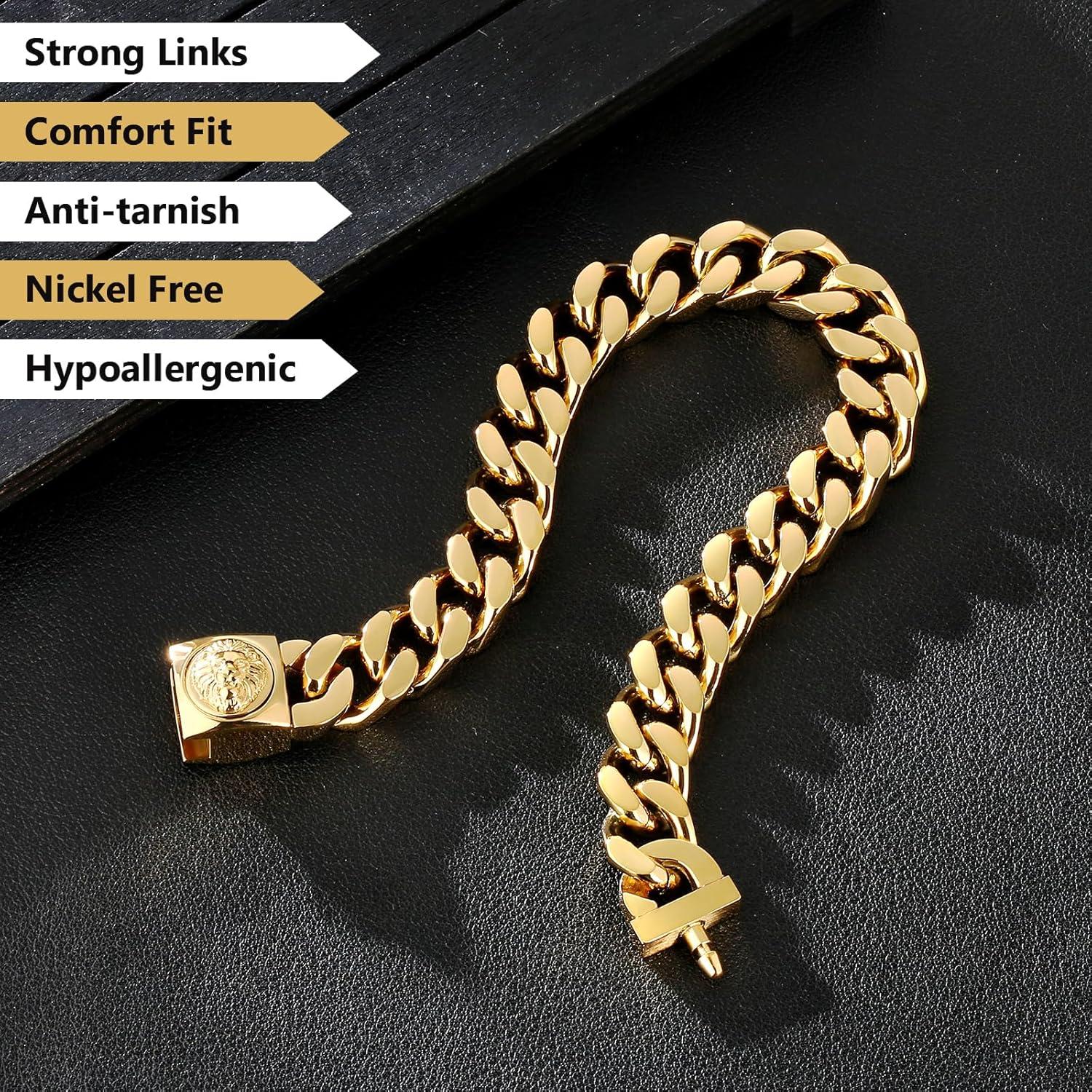 Gold beschichtetes Herren Armband mit Löwenkopf Verschluss 12mm