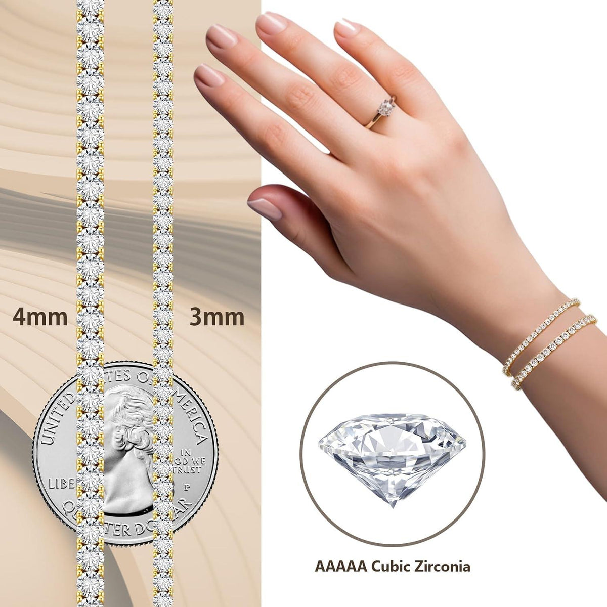 Silber 925 Tennisarmband 14K Gold beschichtet Zirkonia 19cm