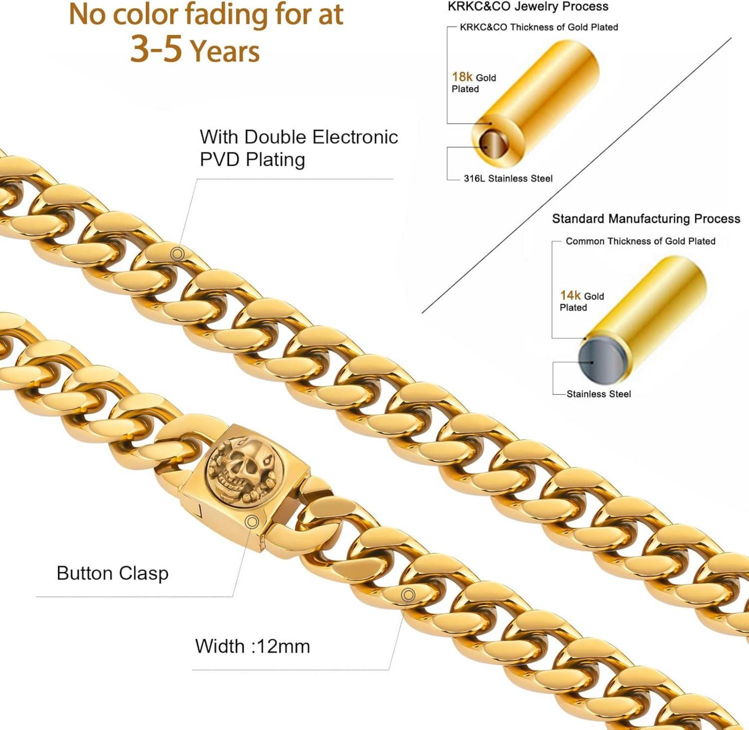 KRKC&CO 12mm Herren Panzerkette Löwenkopf Totenkopf 18K Gold Cuban Link Hip Hop Halskette Männer 45.7cm Gold