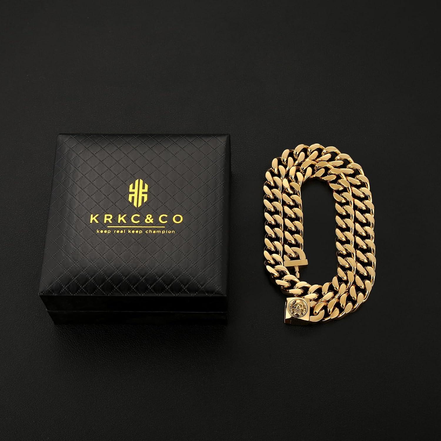 Herren Panzerkette mit Löwe & Totenkopf Verschluss, 18K Gold Cuban