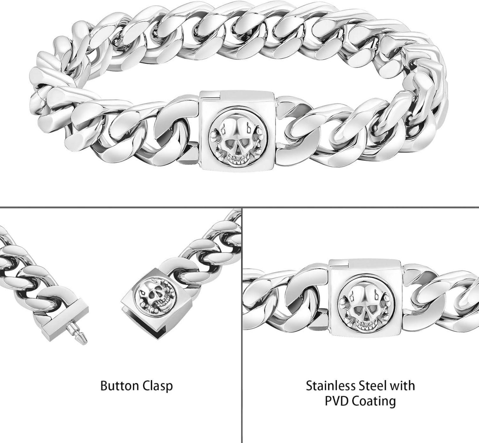 Herren Armband mit Löwe Totenkopf Verschluss 18K Gold beschichtet dicke Cuban Hip Hop Schmuck 19.0cm Silber