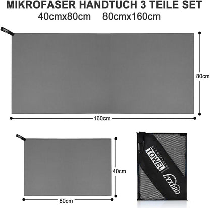 Mikrofaser Handtuch Set 3-teilig Strandtuch dunkelgrau Schnell