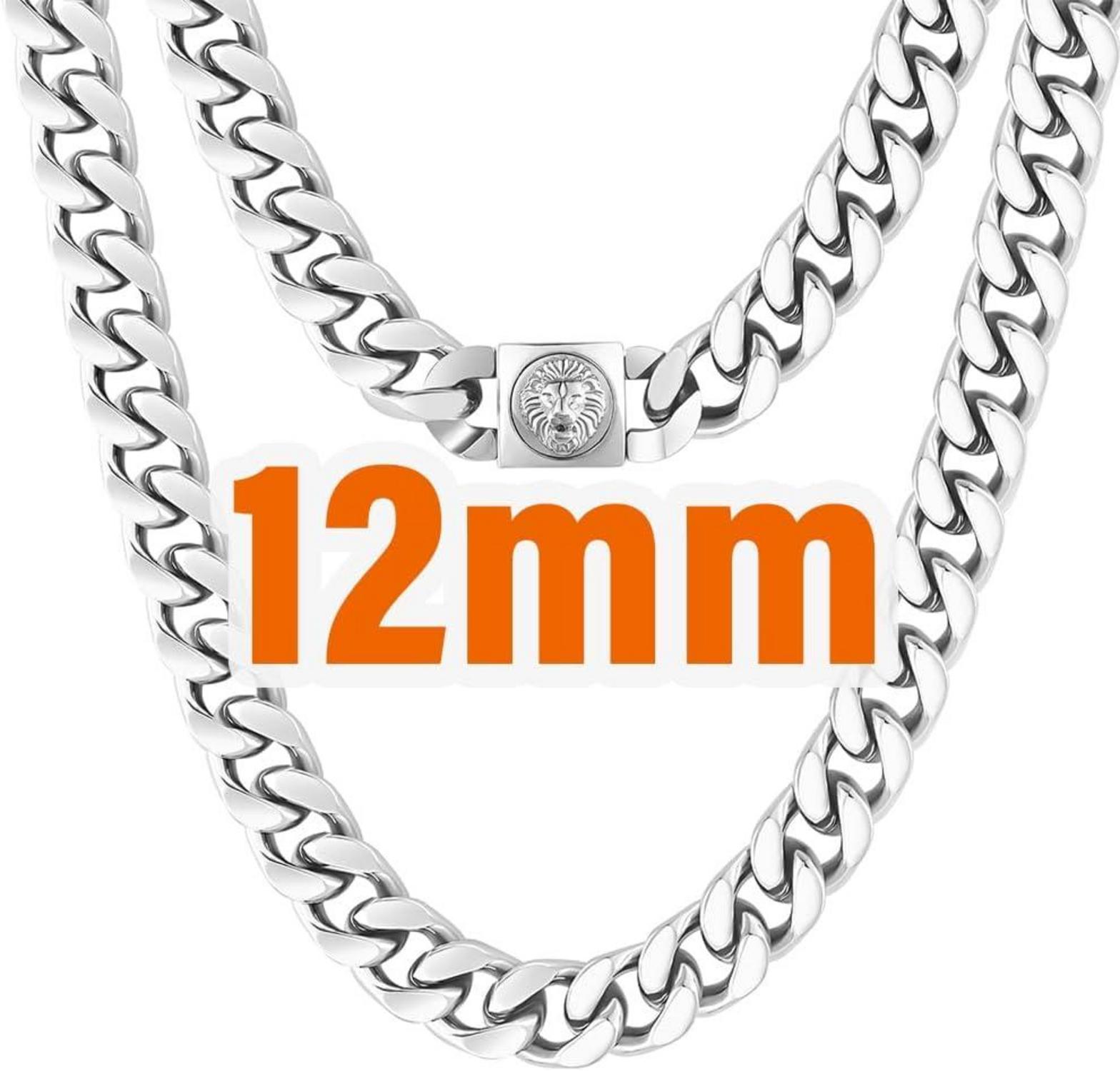 Herren Panzerkette mit Löwenkopf Verschluss, 18K Gold plattiert, 12mm Cuban Link