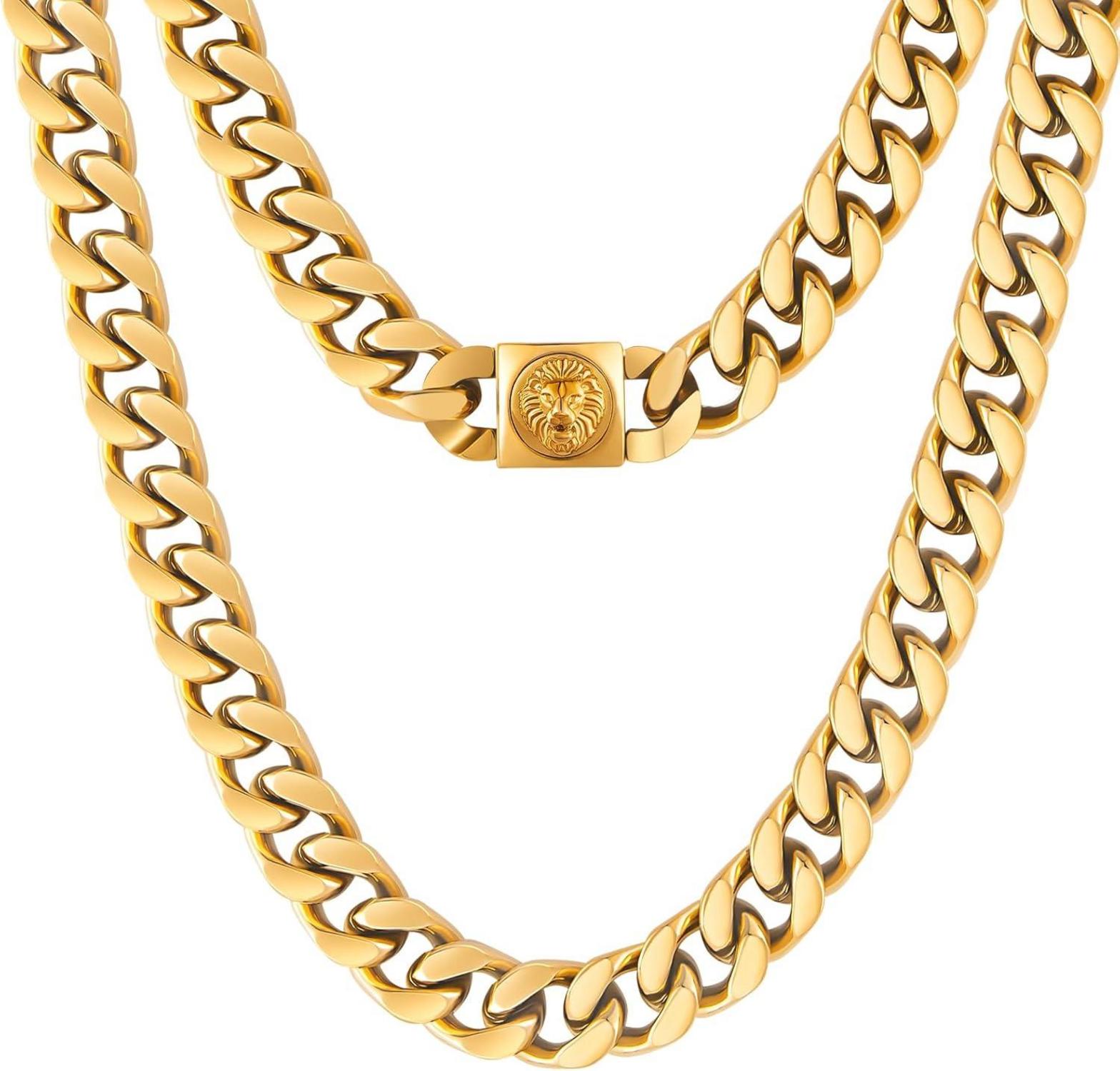 KRKC&CO Herren Panzerkette Löwe Totenkopf 18K Gold Cuban Link Chain