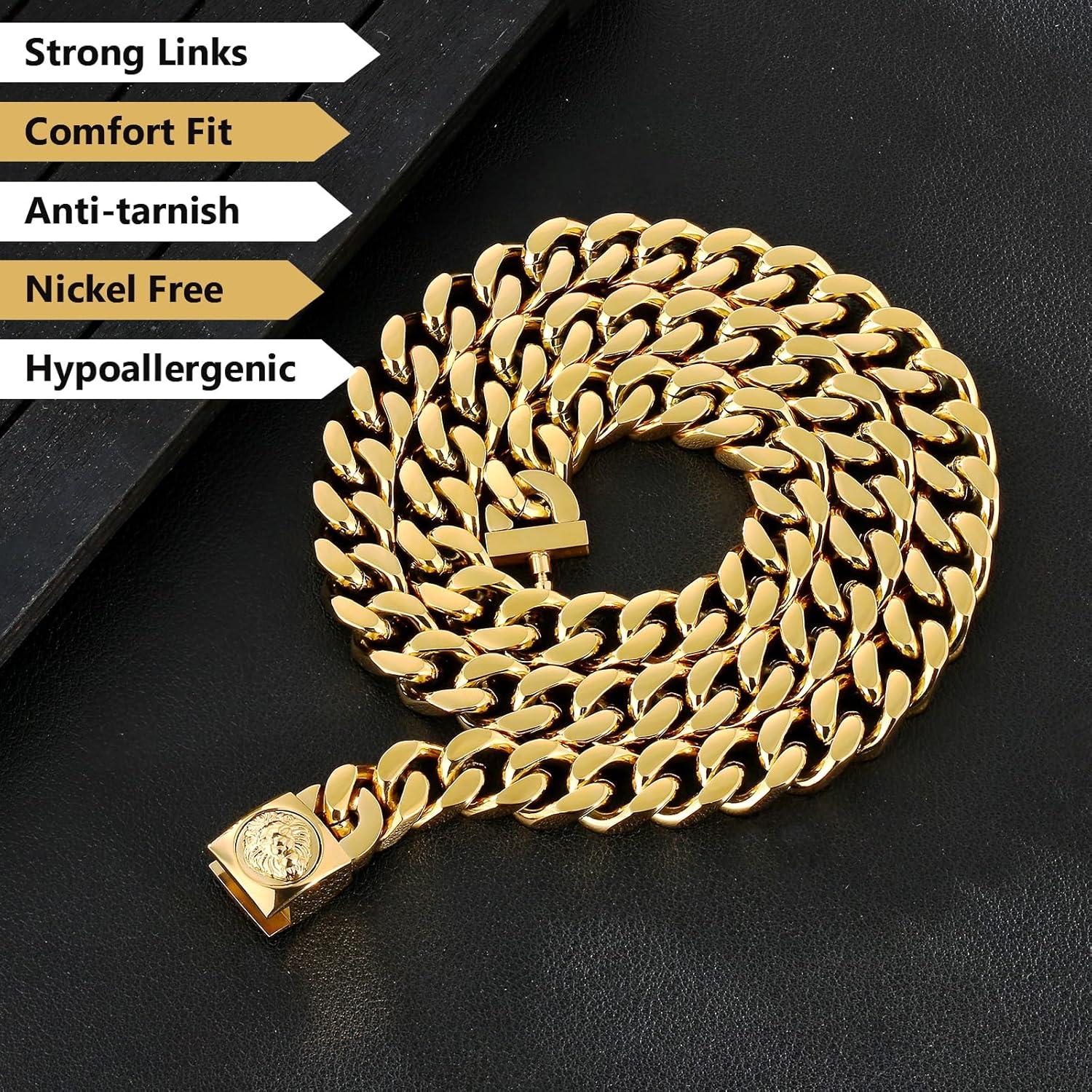 KRKC&CO Herren Panzerkette Löwe Totenkopf 18K Gold Cuban Link Chain