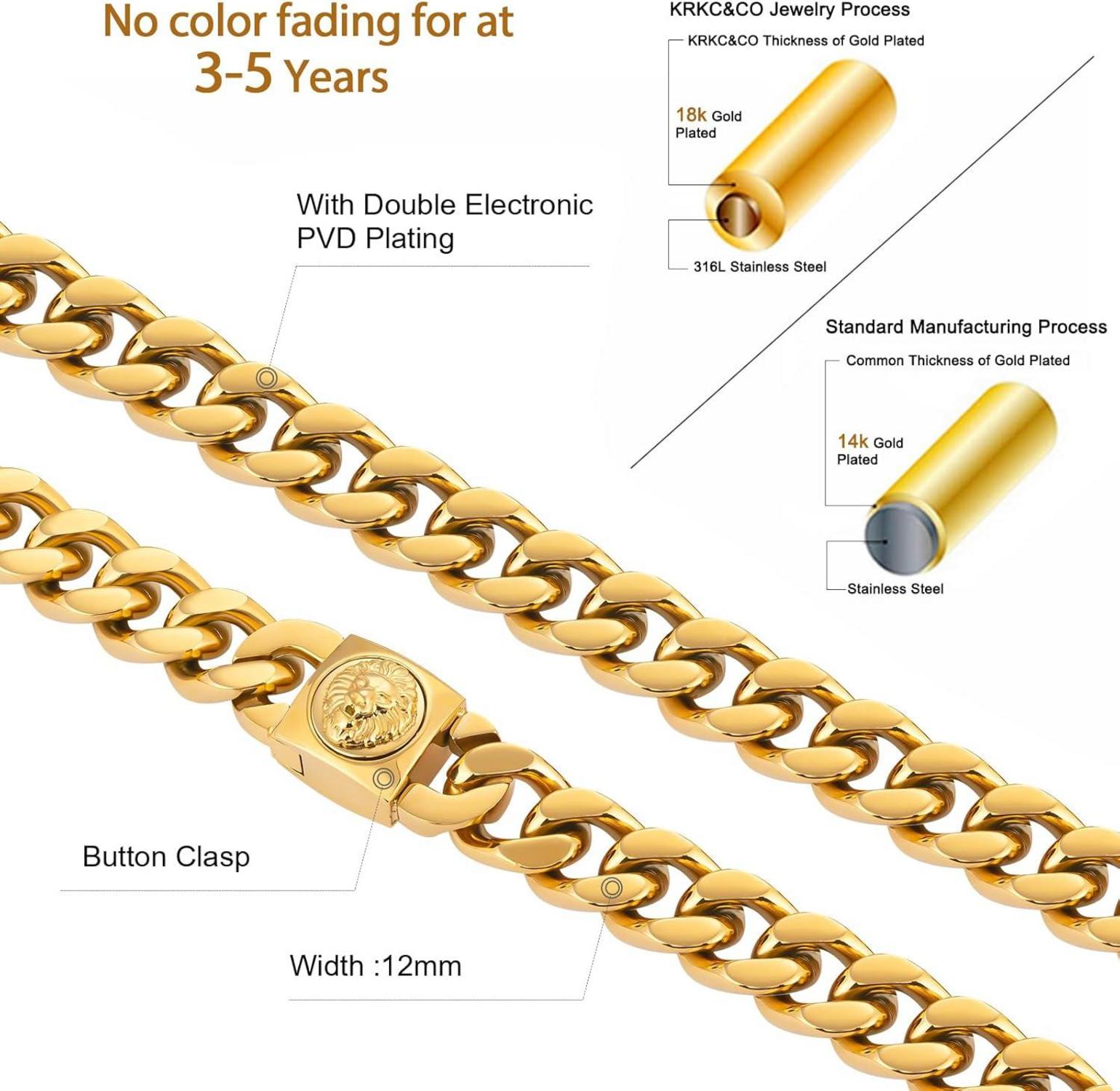 KRKC&CO 12mm Herren Panzerkette mit Löwe Verschluss 18K Gold plattiert Hip Hop Halskette 55.9 Zentimeter