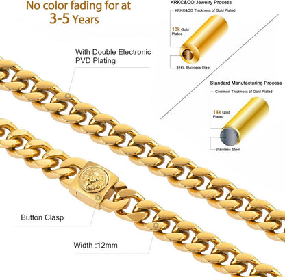 KRKC&CO 12mm Herren Panzerkette mit Löwe Verschluss 18K Gold plattiert Hip Hop Halskette 55.9 Zentimeter