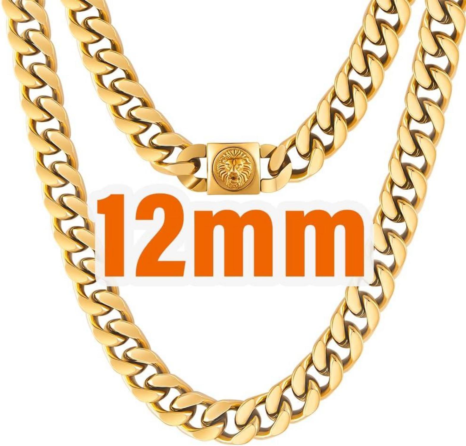 Herren Panzerkette 12mm Löwe Totenkopf 18K Gold plattiert 55.9cm