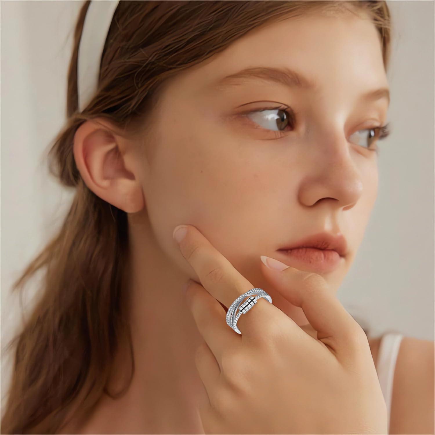 Sterling Silber Angst Ring für Damen Mädchen - Einstellbarer Anti Stress Fidget Ring