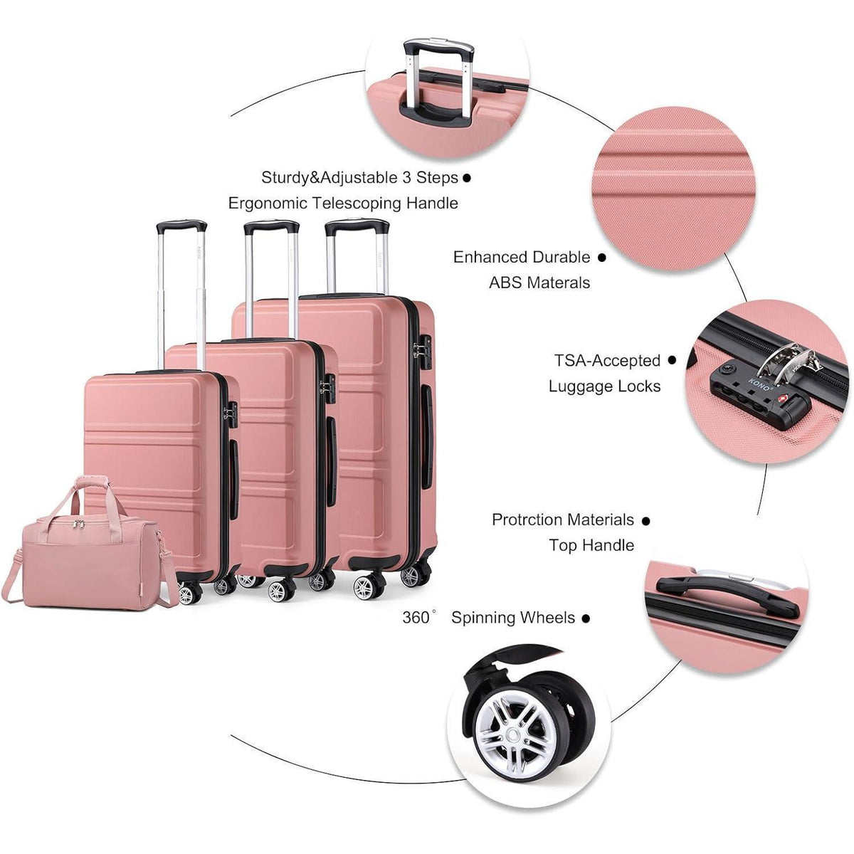 4-teiliges Hartschalen-Kofferset mit TSA-Schloss, Rosegold