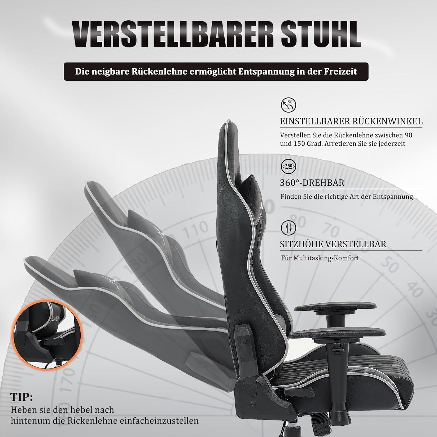Ergonomischer Gaming Stuhl Hohe Rückenlehne verstellbar Schwarz Grau