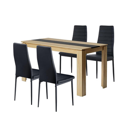Esszimmergruppe 4er Set: Holztisch (140x70cm) & 4 Schwarz Stühle
