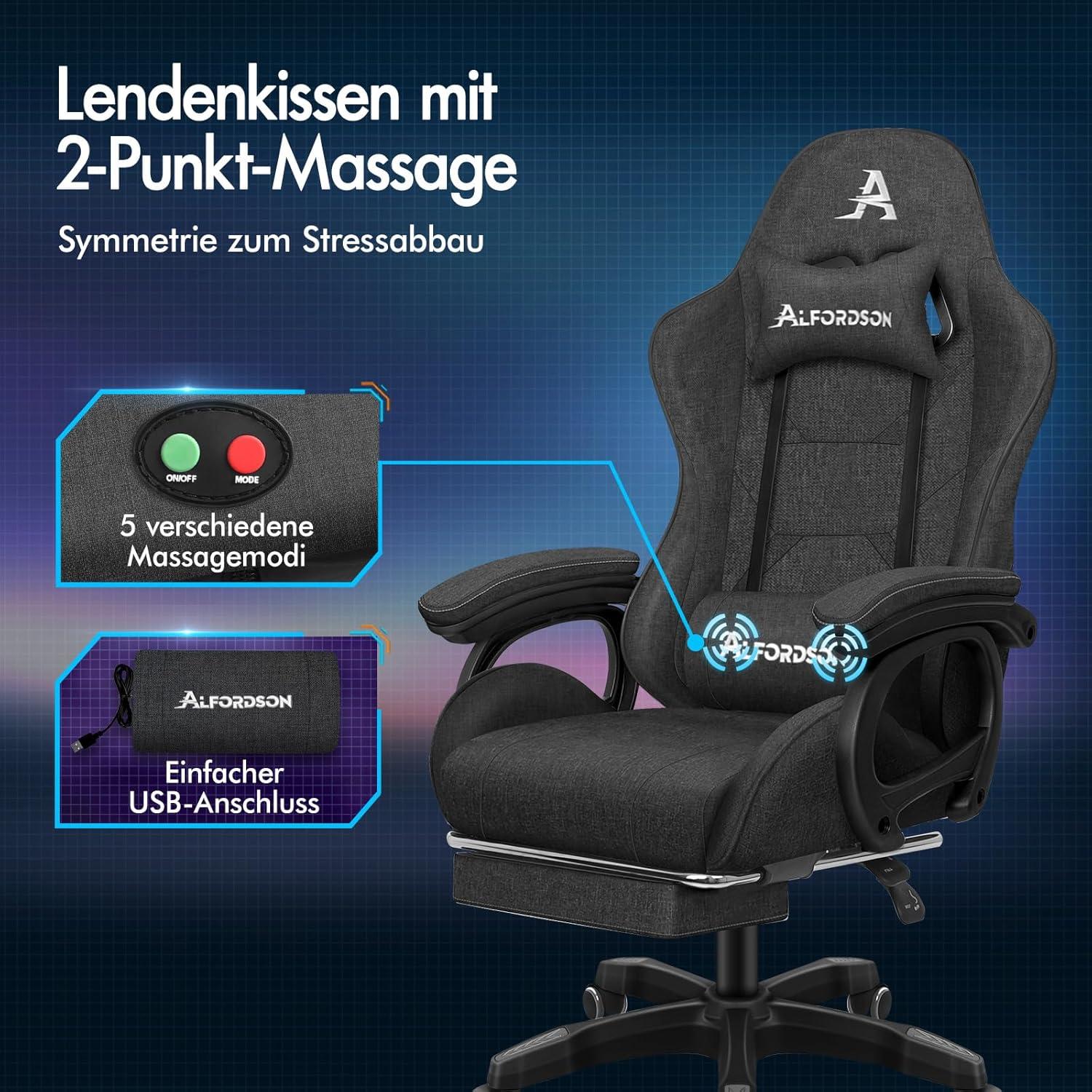 Gaming Stuhl Racing Gamer mit 2 Punkt Massage Lendenkissen Grau