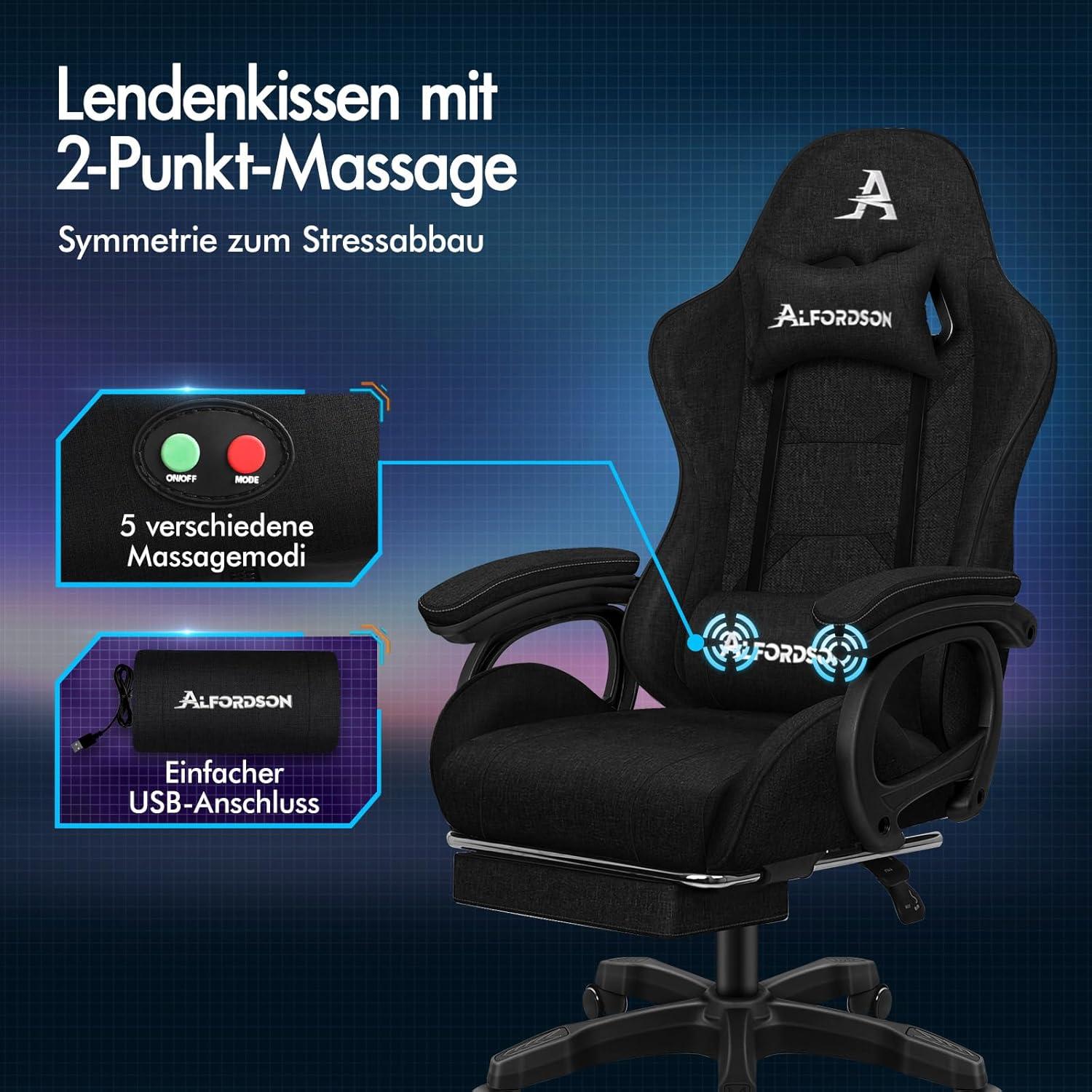 Gaming Stuhl mit Massage Lendenkissen Schwarz Höhenverstellbar