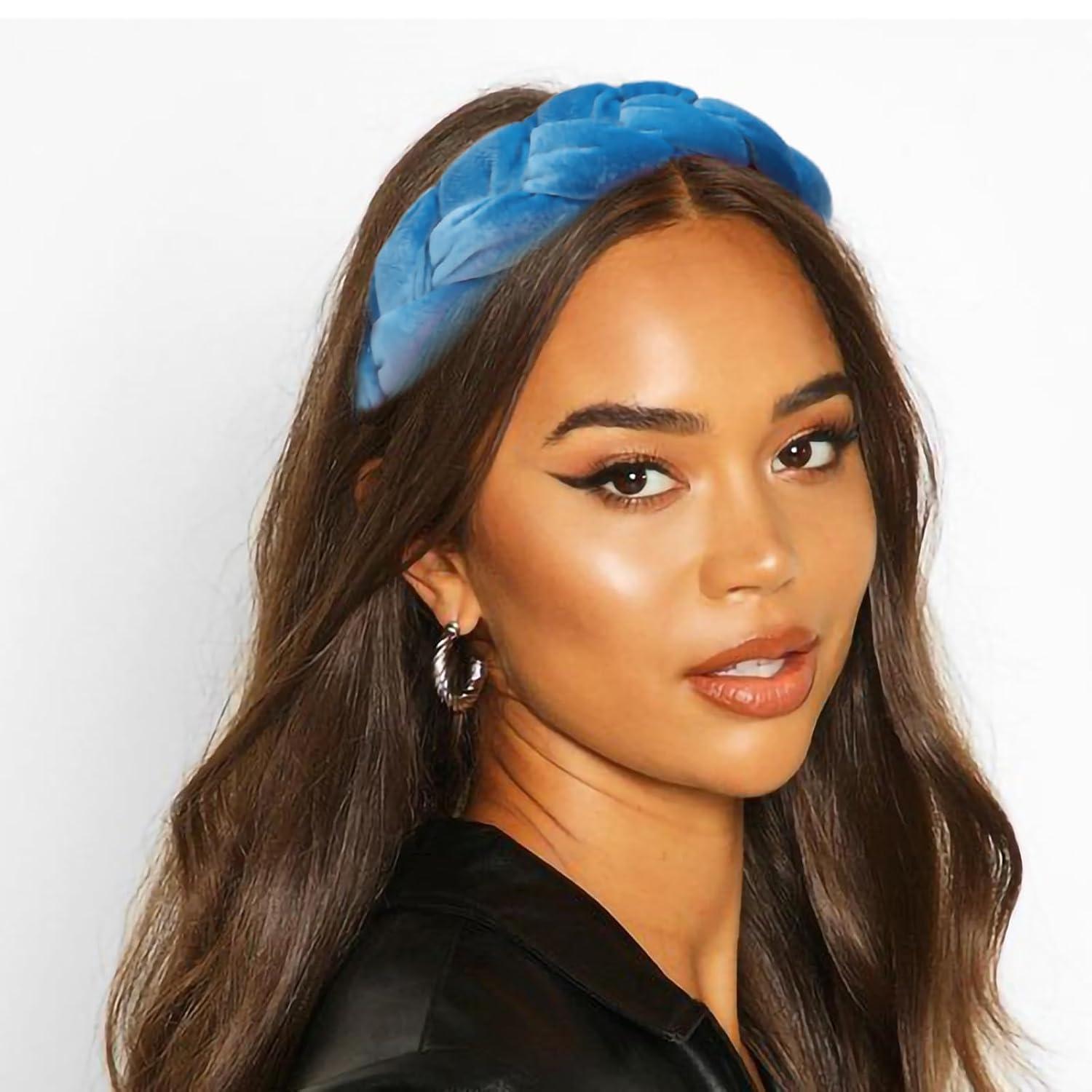 Geflochtenes Samt Haarband für Damen in Blau - Elastisches Criss Cross Haarreif