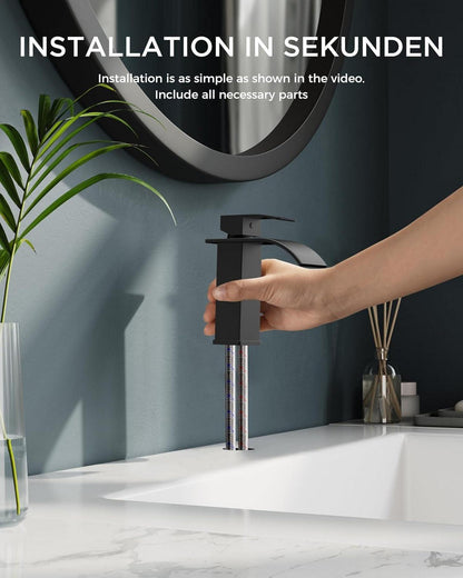 FORIOUS Schwarz Wasserhahn Bad Wasserfall Waschtischarmatur Energiesparend 110mm