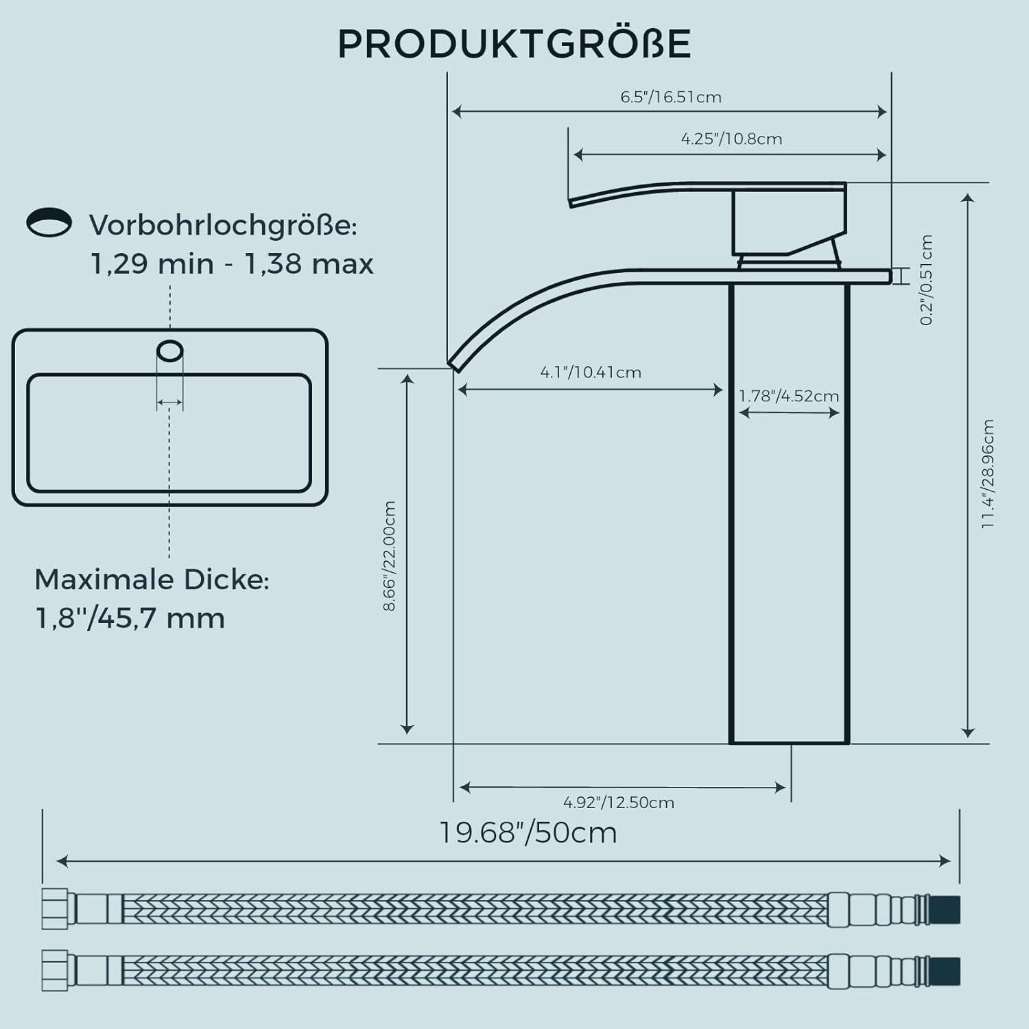 FORIOUS Wasserhahn Bad Wasserfall Waschtischarmatur 220mm Chrom