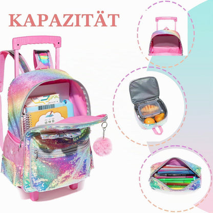 Schulrucksack mit Rollen für Mädchen Rosa Fliege Set