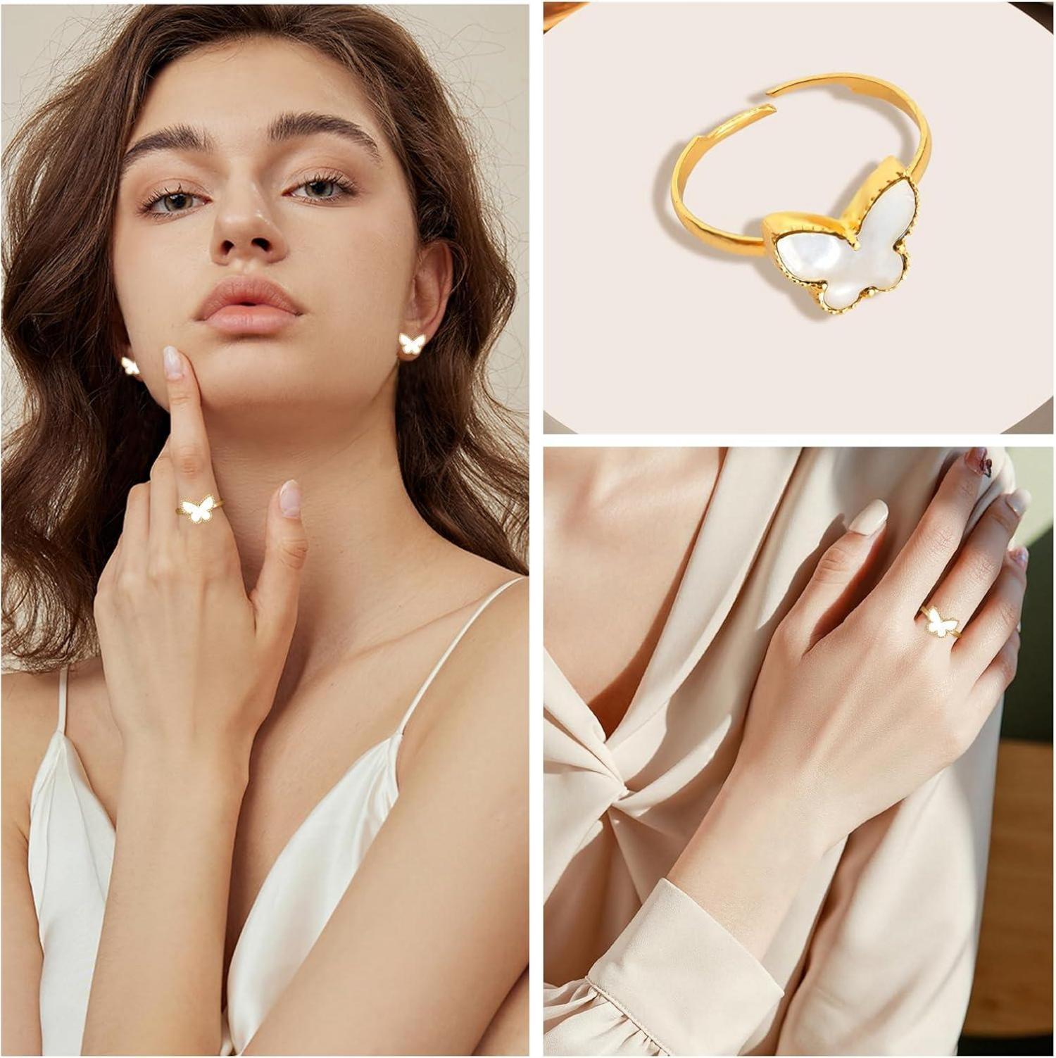 Schmetterling Schmuck Set Damen Anhänger Halskette Ringe Ohrringe