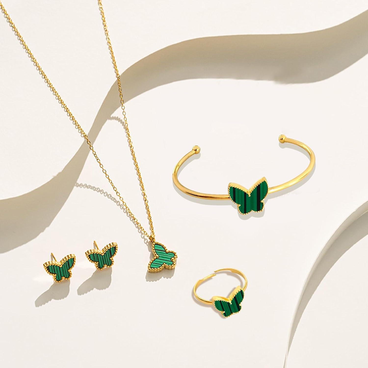 Schmetterling Schmuck Set Damen Halskette Ohrringe Armband Ring Grün
