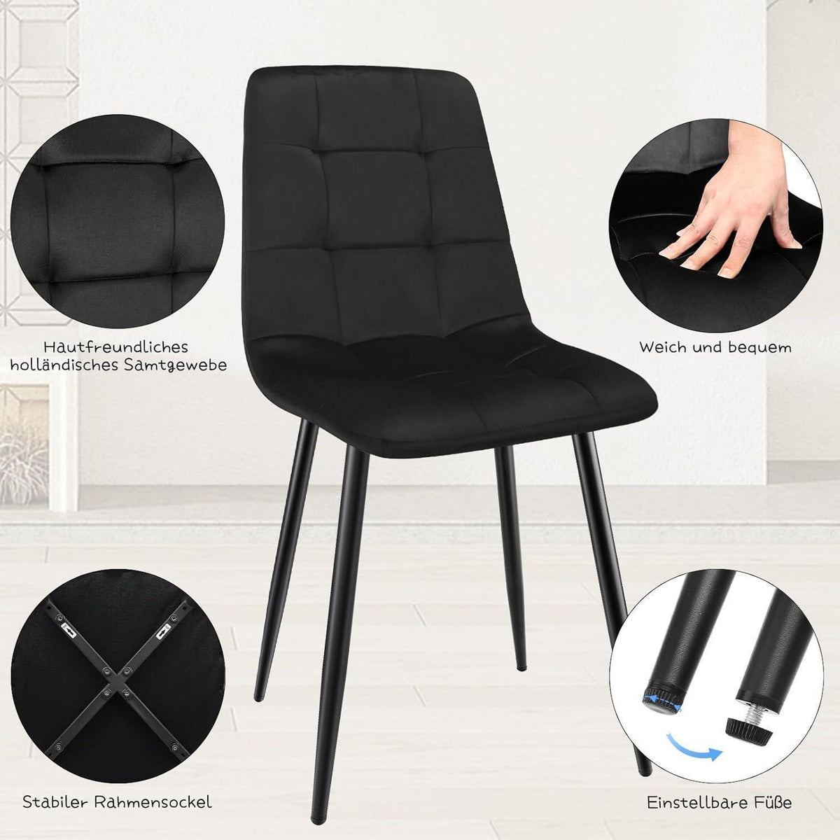Gepolsterte Esszimmerstühle 4er Set, Samt & Metall Schwarz