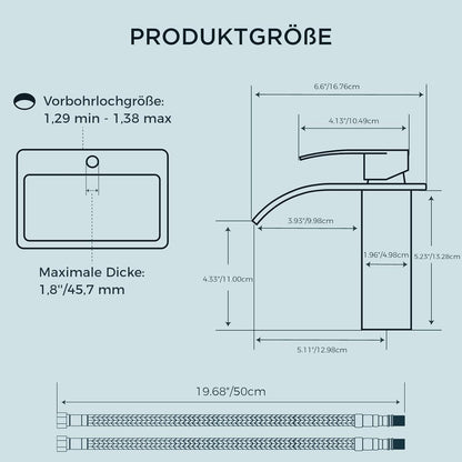Wasserfall Badezimmerarmatur Einhand 110mm Edelstahl für 1-Loch