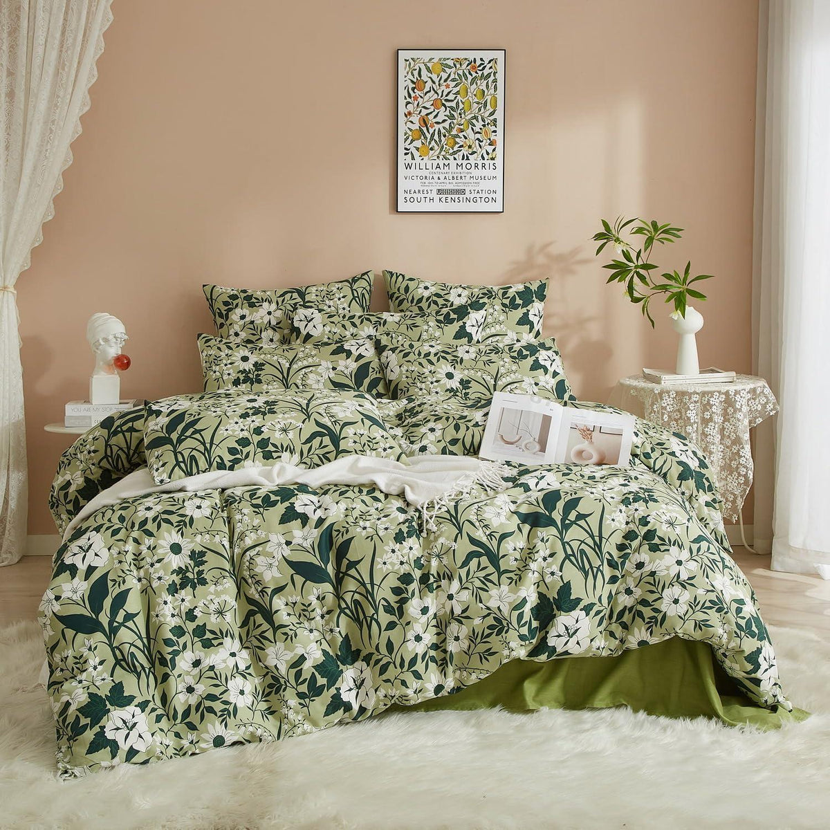 Baumwoll Bettwäsche Set Blumen Grün Weiß 220x240 cm
