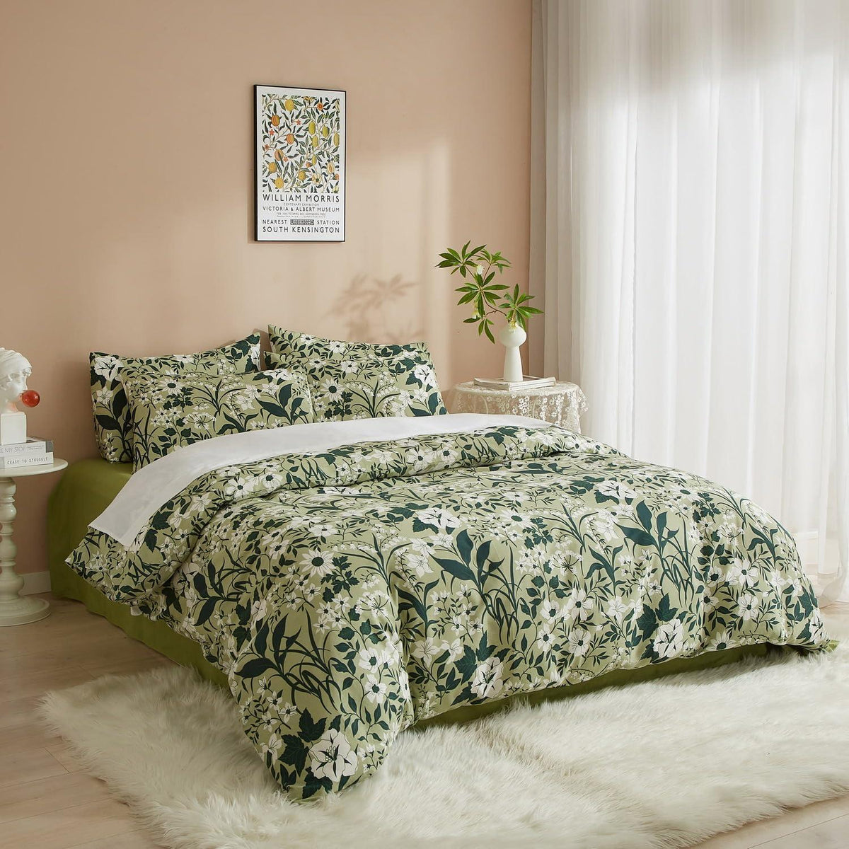 Baumwoll Bettwäsche Set Blumen Grün Weiß 220x240 cm
