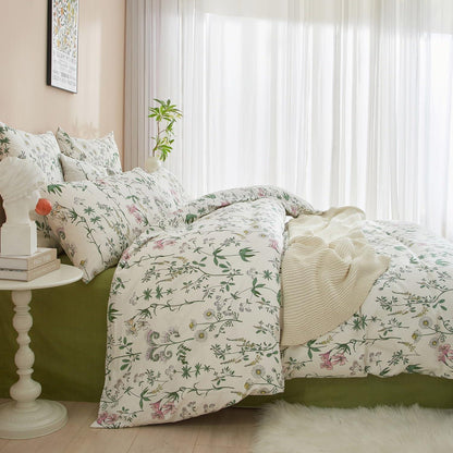 Baumwoll Bettwäsche Set Blumen Grün Weiß 200x220 cm