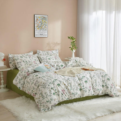 Baumwoll Bettwäsche Set Blumen Grün Weiß 200x220 cm