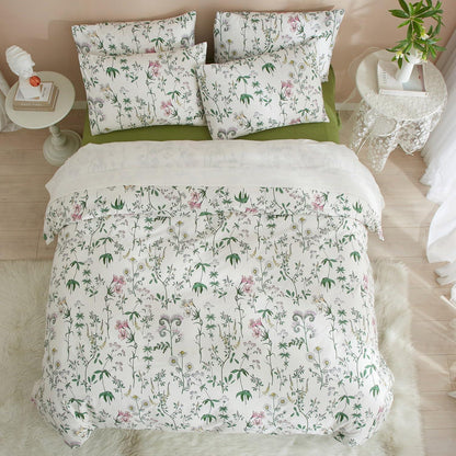 Baumwoll Bettwäsche Set Blumen Grün Weiß 200x220 cm