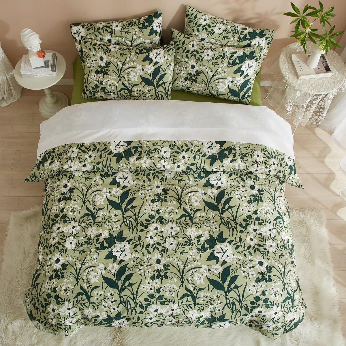 Blumen Bettwäsche Set 200x220 Baumwolle Grün Weiß Floral