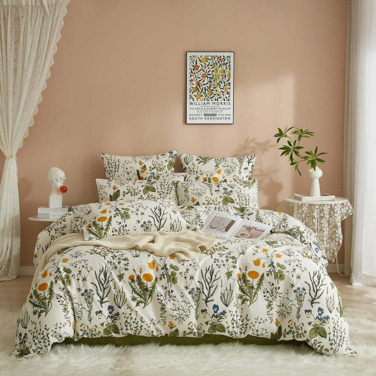 4TLG Bettwäsche-Set 135x200 cm, Grün-Weiß Blumenmuster