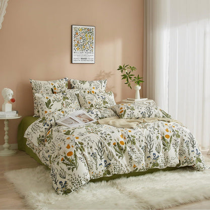 4TLG Bettwäsche-Set 135x200 cm, Grün-Weiß Blumenmuster