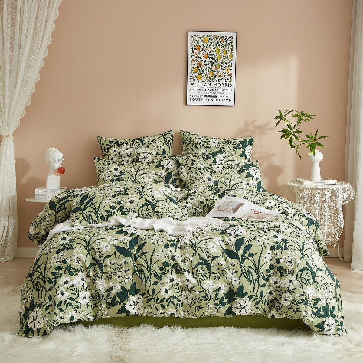 Bettwäsche-Set 135x200 cm, Baumwolle, Grün-Weiß Blumenmuster