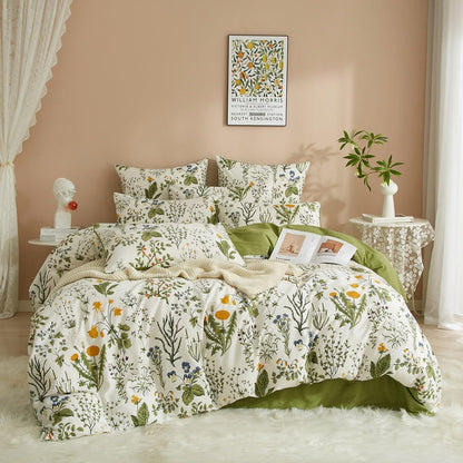 Blumen Bettwäsche Set 220x240 Baumwolle Weiß Grün