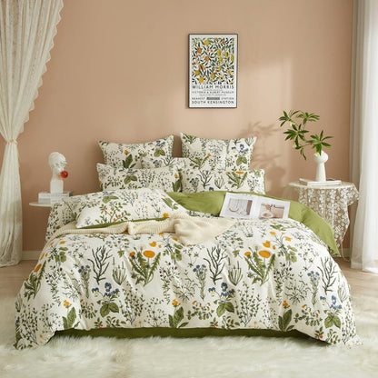 Blumen Bettwäsche Set 220x240 Baumwolle Weiß Grün