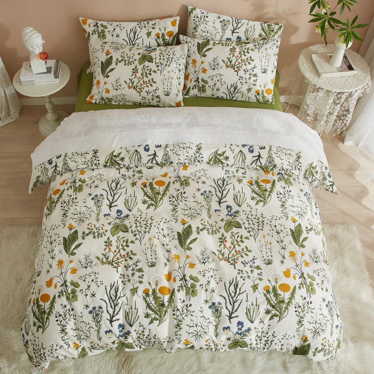 Baumwoll Bettwäsche Set Blumen Grün Weiß 220x240 cm