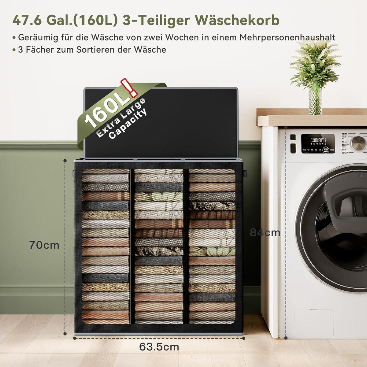 160L Wäschekorb mit Deckel und 3 Wäschesack für Badezimmer