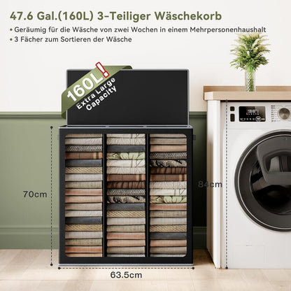 160L Wäschekorb mit Deckel und 3 Wäschesack für Badezimmer