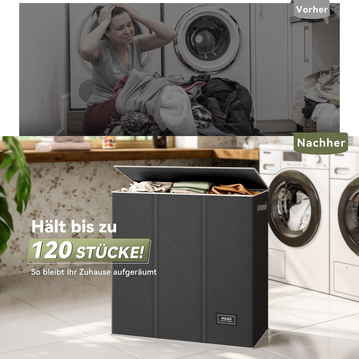 Wäschekorb 160L mit 3 Fächern, Deckel und Wäschesack - Großer