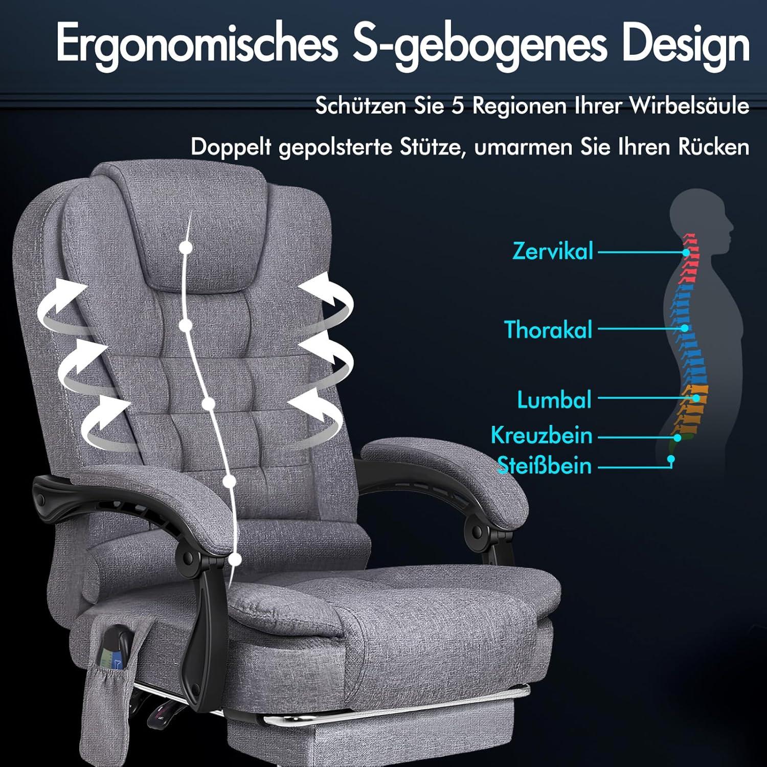 Bürostuhl mit Lordosenstütze, Armlehne, Massagefunktion, höhenverstellbar, Grey