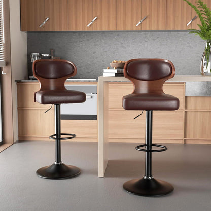 Barhocker 2er Set mit Rückenlehne und Fußstütze, drehbar, Nussbaumholz Braun