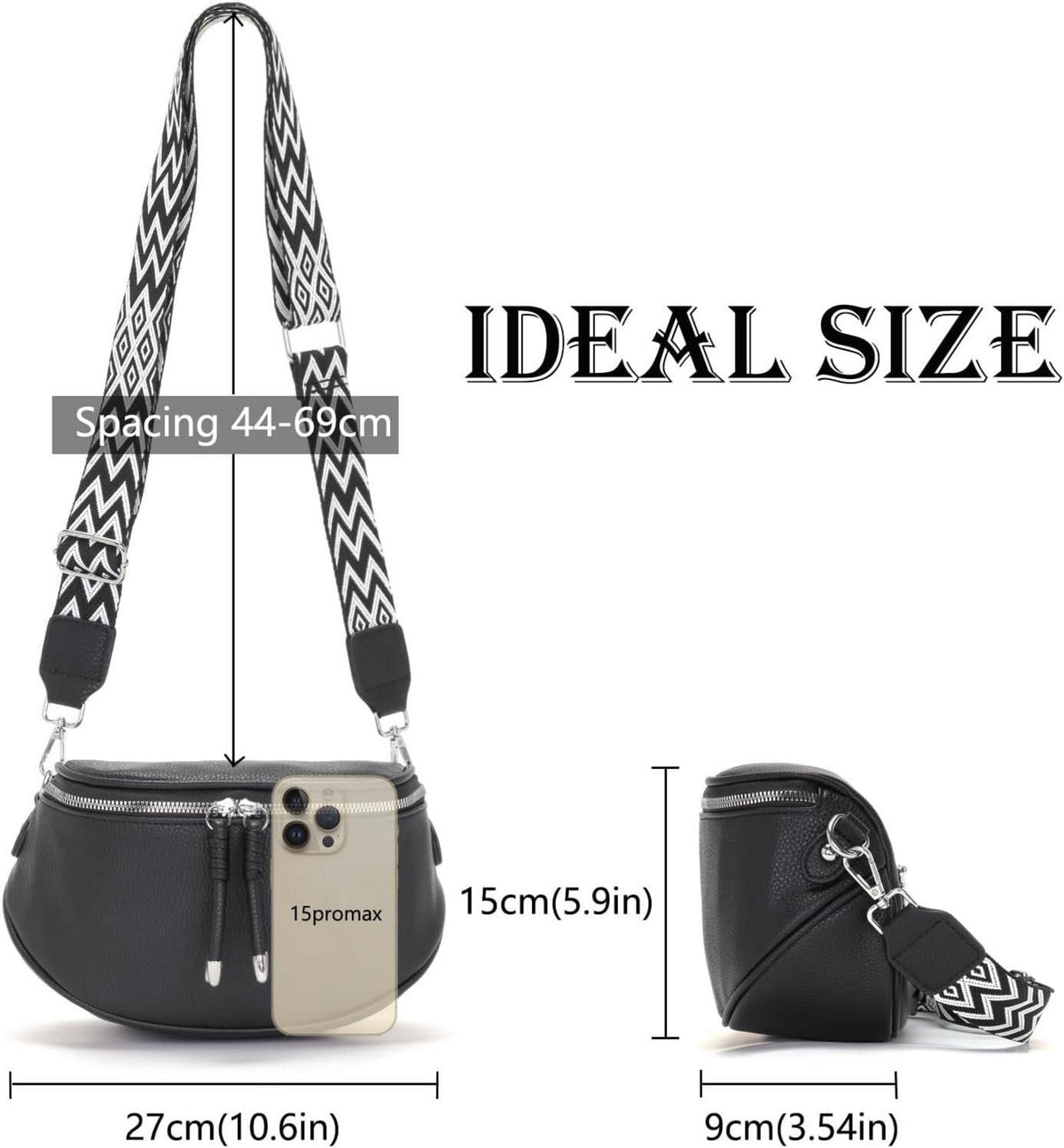 Schwarze Damen Bauchtasche Crossbody Bag Vegan Leder