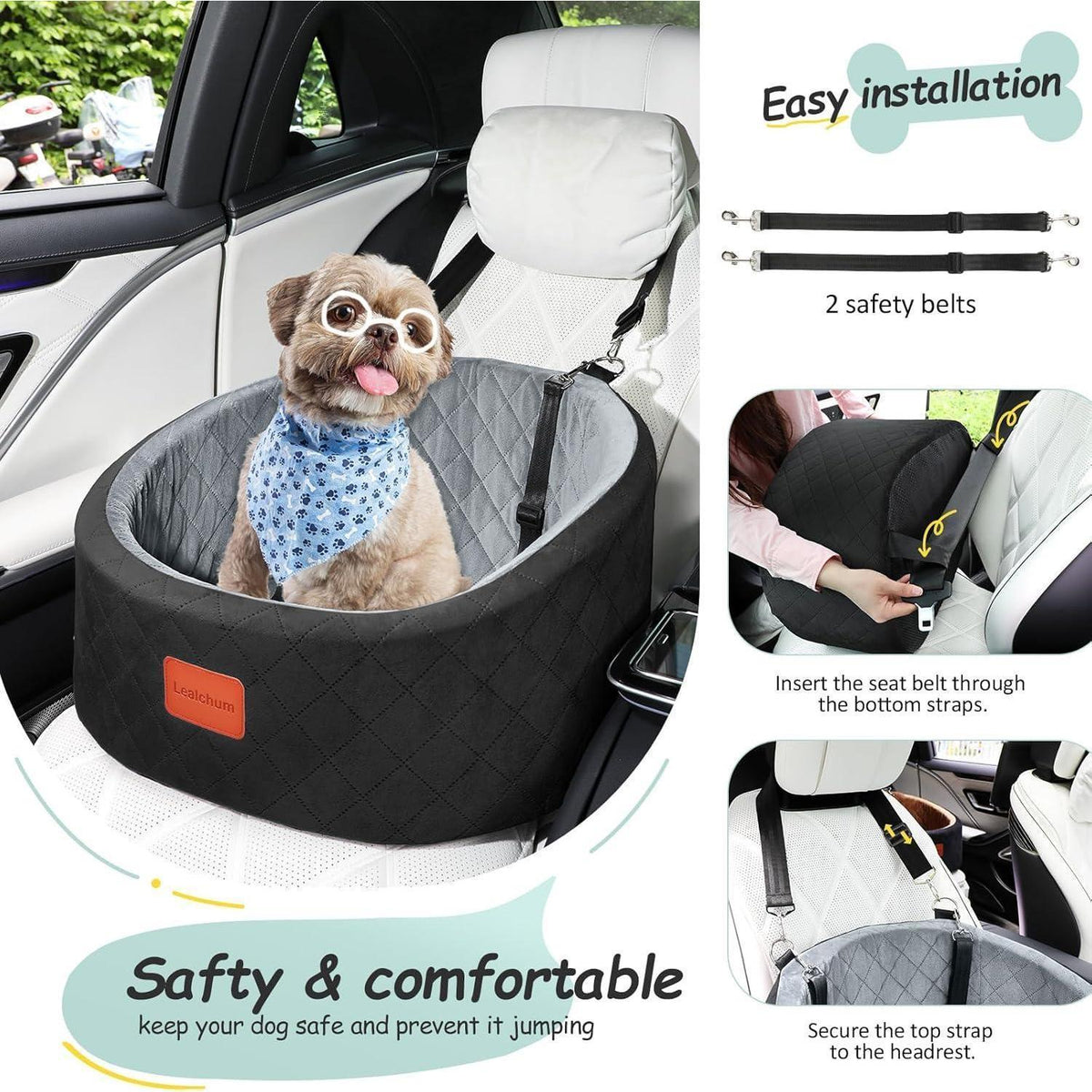 Hunde-Autositz: Bequemes Reisebett mit Sicherheitsleine (Schwarz/Grau, S)