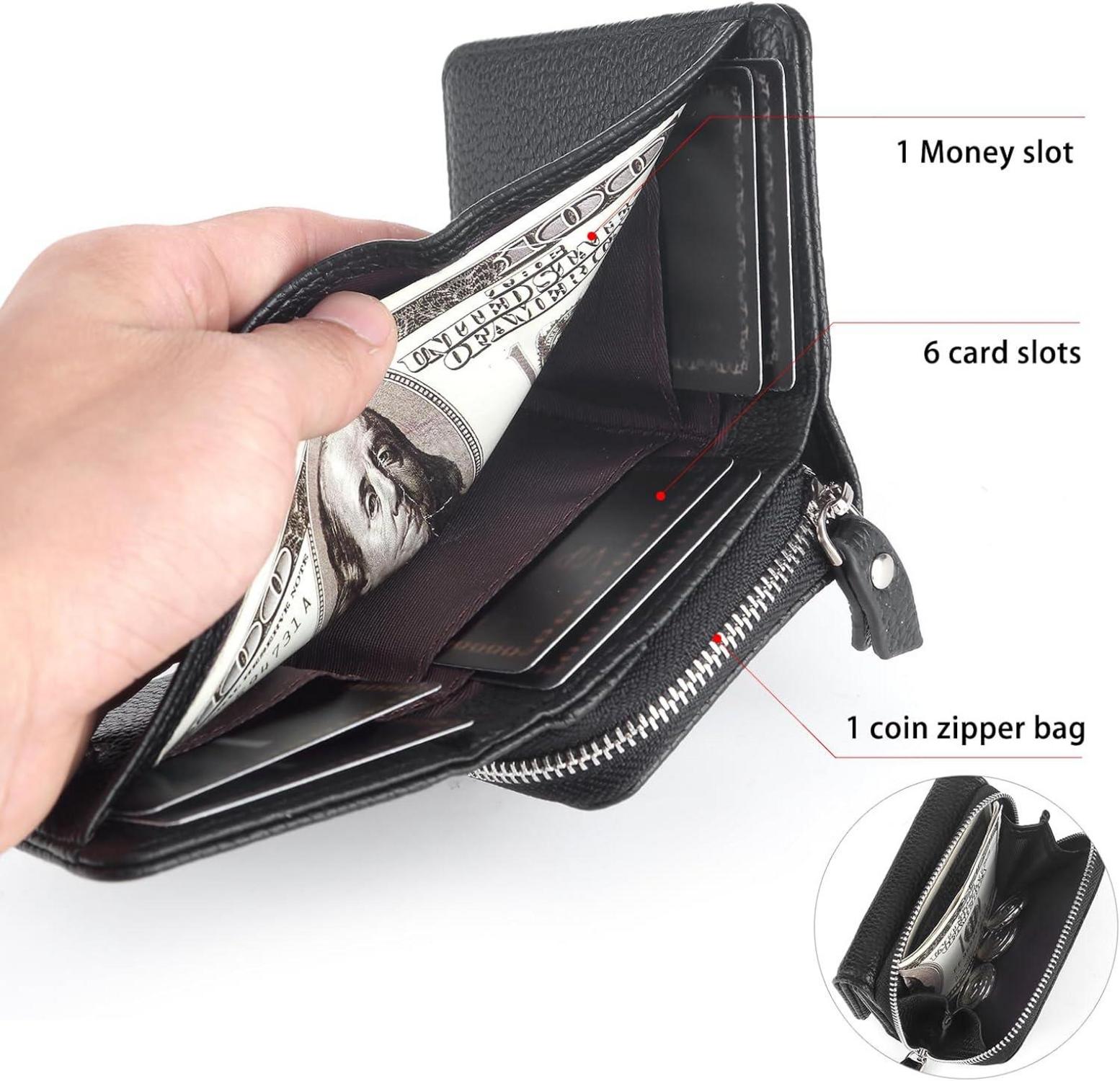 CHAOFANXI Damen Geldbörse Trifold Leder Schwarz mit 6 Kartenfächern
