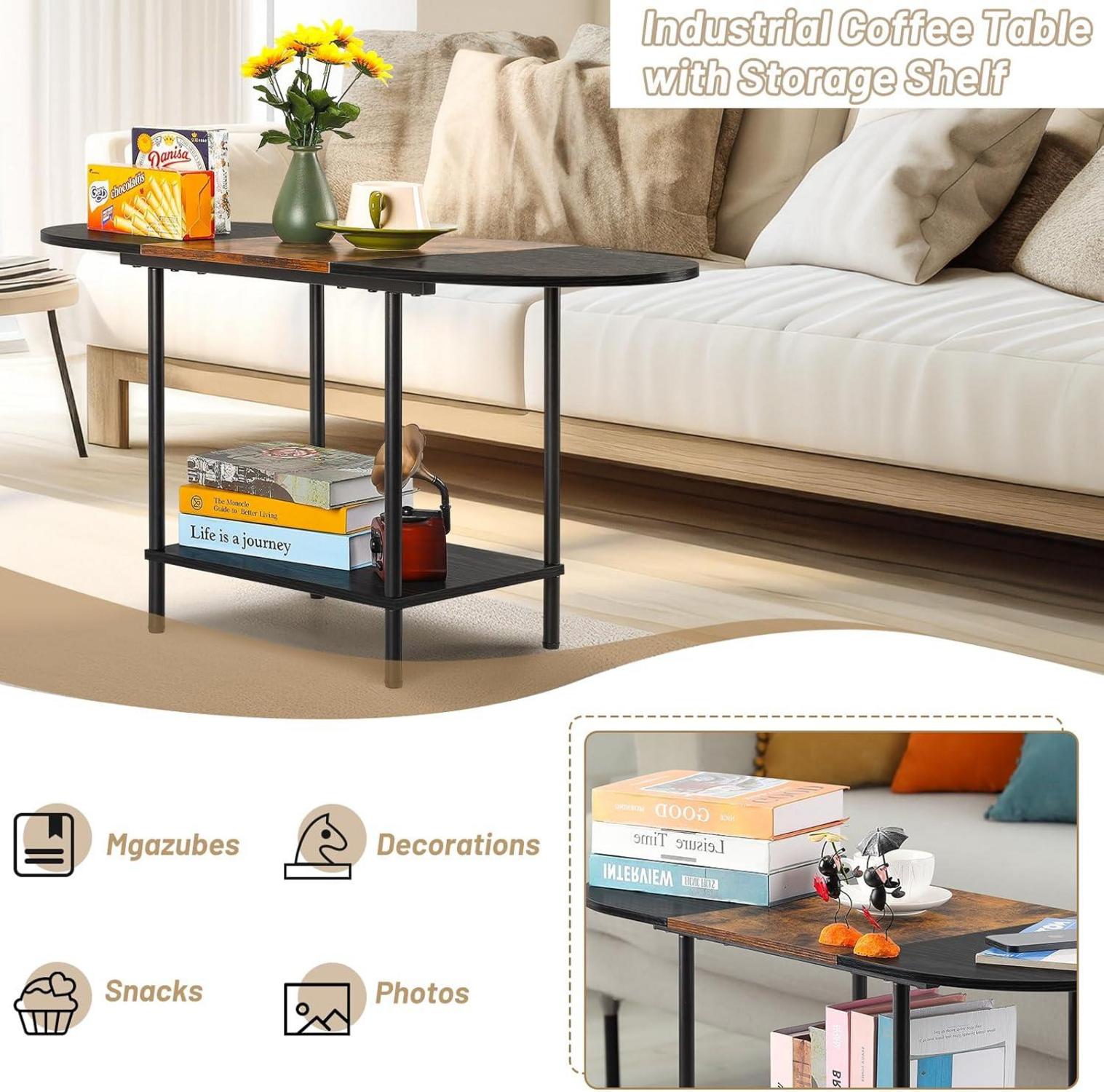 Nandae Couchtisch Holz Wohnzimmertisch mit Ablagen 90cm Einfache Montage